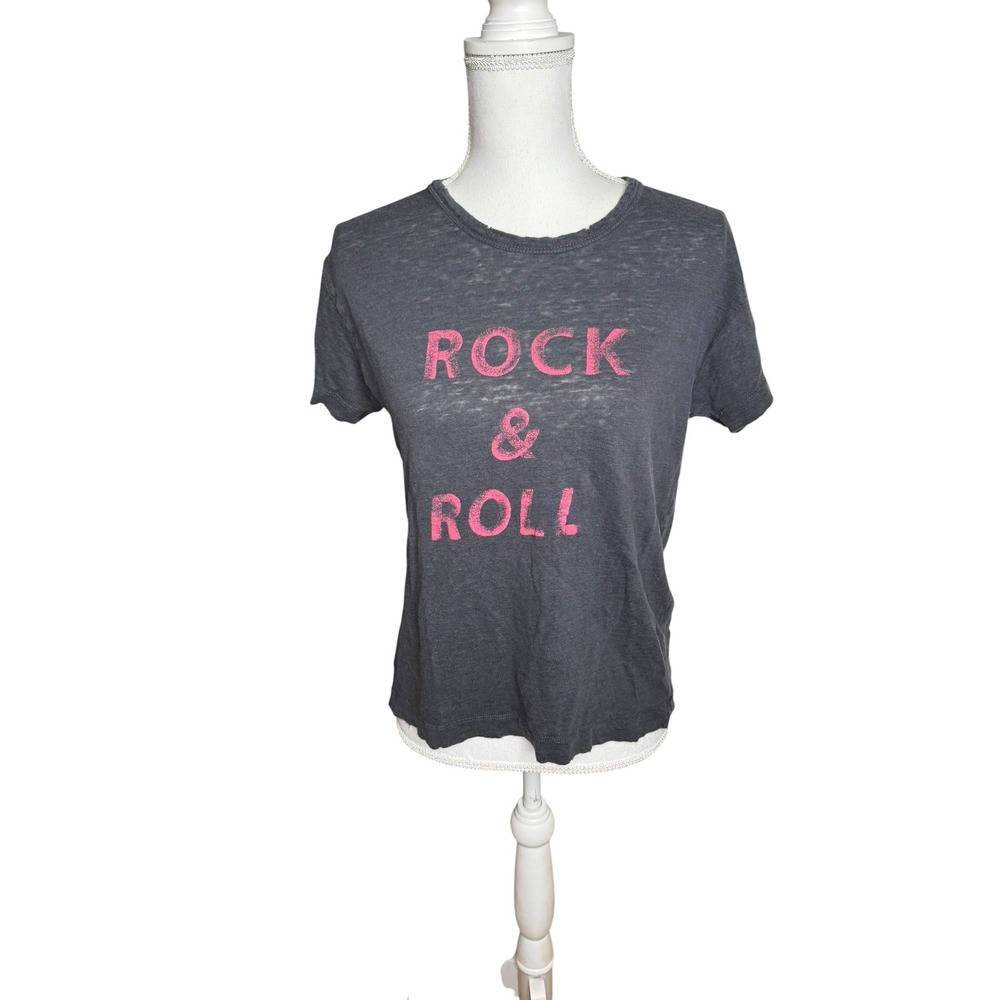 Zadig & Voltaire Rock & Roll Linen Tee Charcoal Grey Pink Graphic Shirt Medium